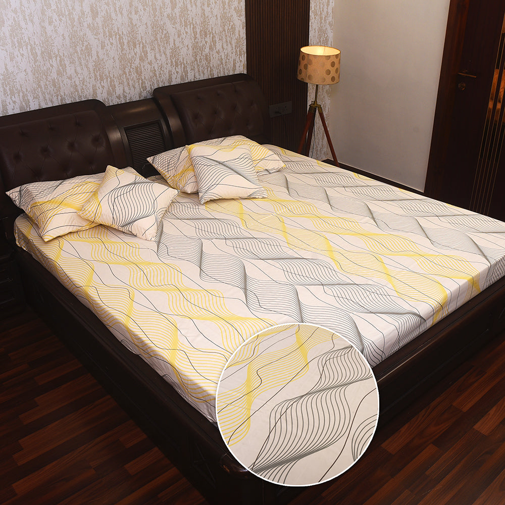 Elegant Beige & Green Leaf Print Cotton Bedding Set – King Size Comfort