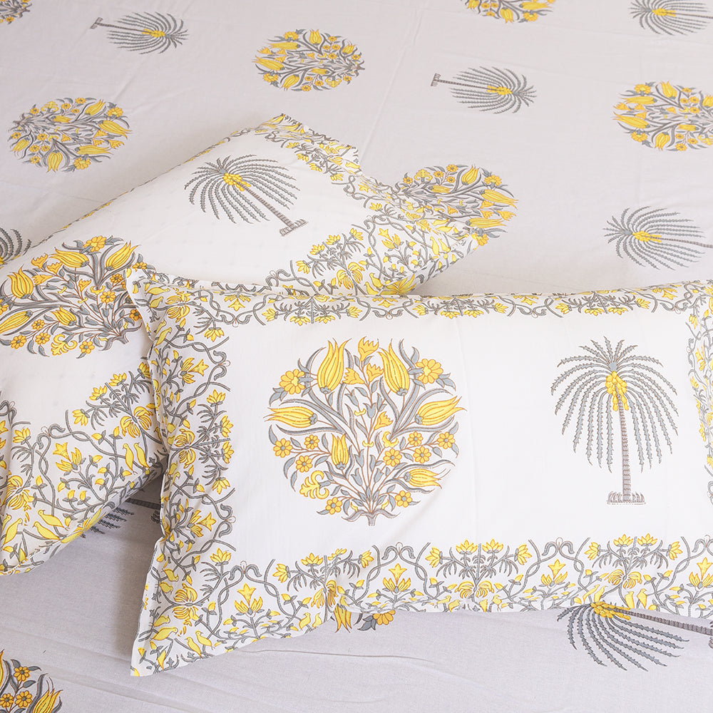 Floral Elegance Cotton Bedsheet – Blue & Olive Motif, King Size