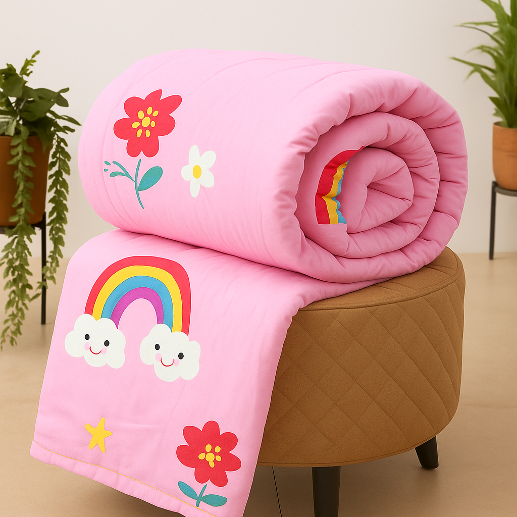 Cloud and Rainbow Theme Printed Kids Comforter - Pink | Soft and Cozy for all Seasons.