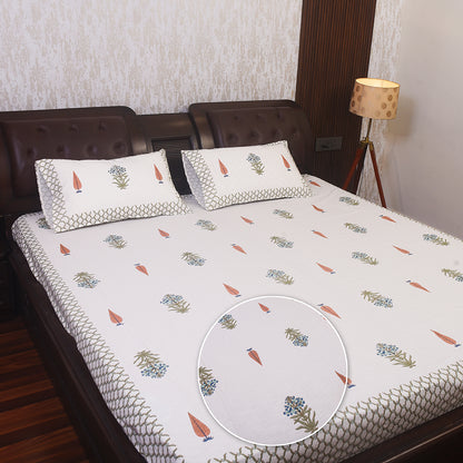Elegant Floral Beige Cotton Bedsheet Set – King Size with Pillow Covers