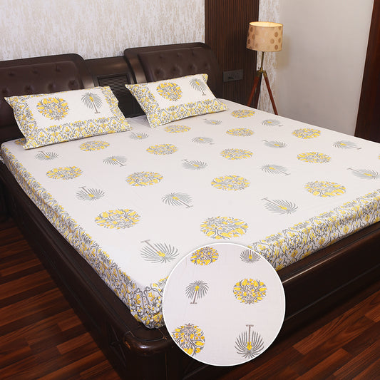 Floral Elegance Cotton Bedsheet – Blue & Olive Motif, King Size