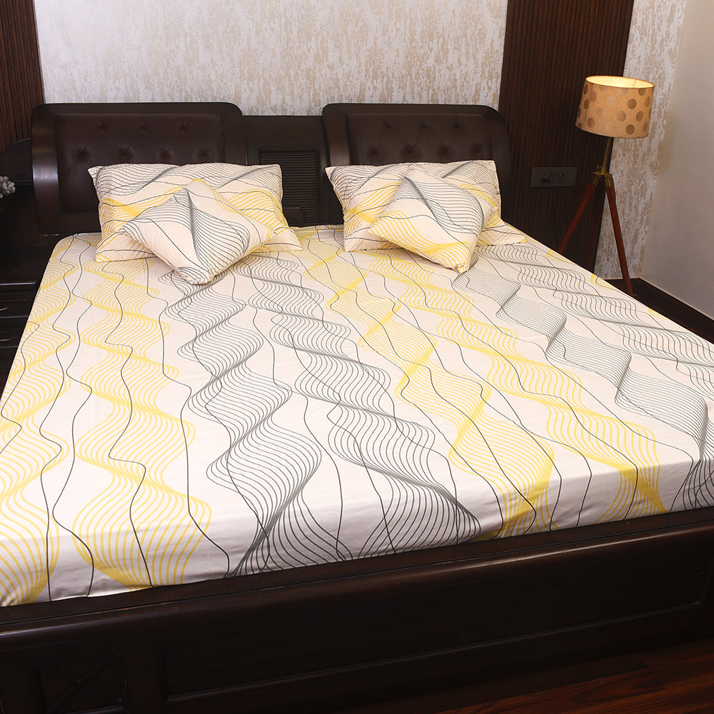 Elegant Beige & Green Leaf Print Cotton Bedding Set – King Size Comfort