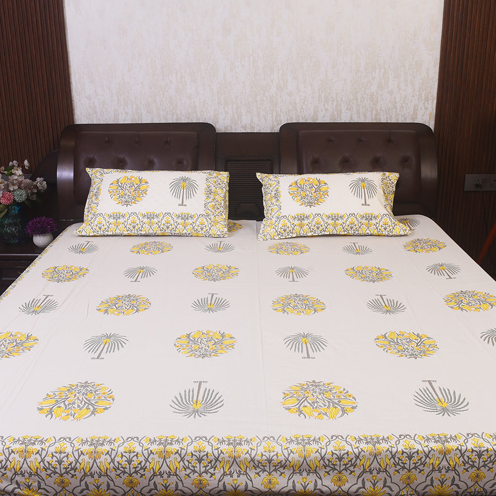 Floral Elegance Cotton Bedsheet – Blue & Olive Motif, King Size