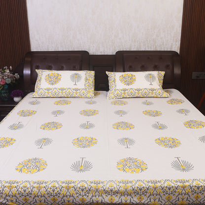 Floral Elegance Cotton Bedsheet – Blue & Olive Motif, King Size