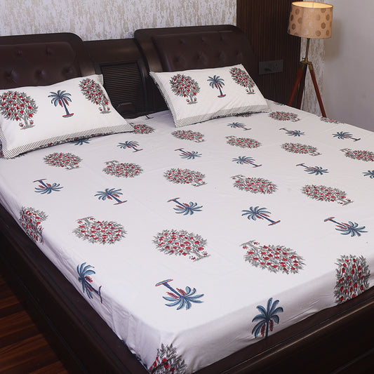 Elegant Floral Printed Cotton Bedsheet – Blue & Grey Bloom, King Size
