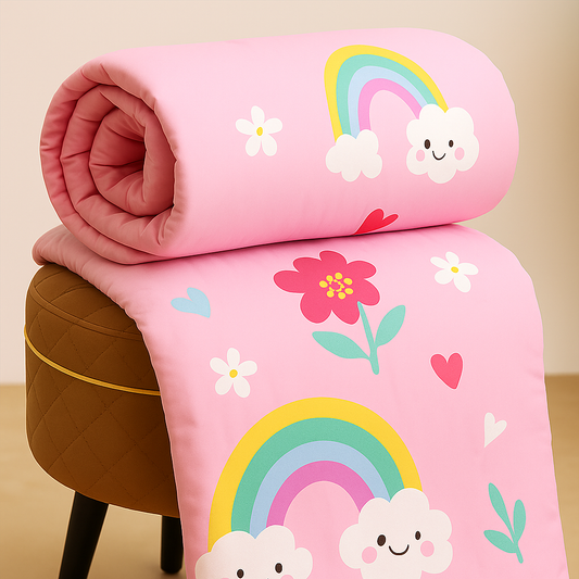 Cloud and Rainbow Theme Printed Kids Comforter - Pink | Soft and Cozy for all Seasons.