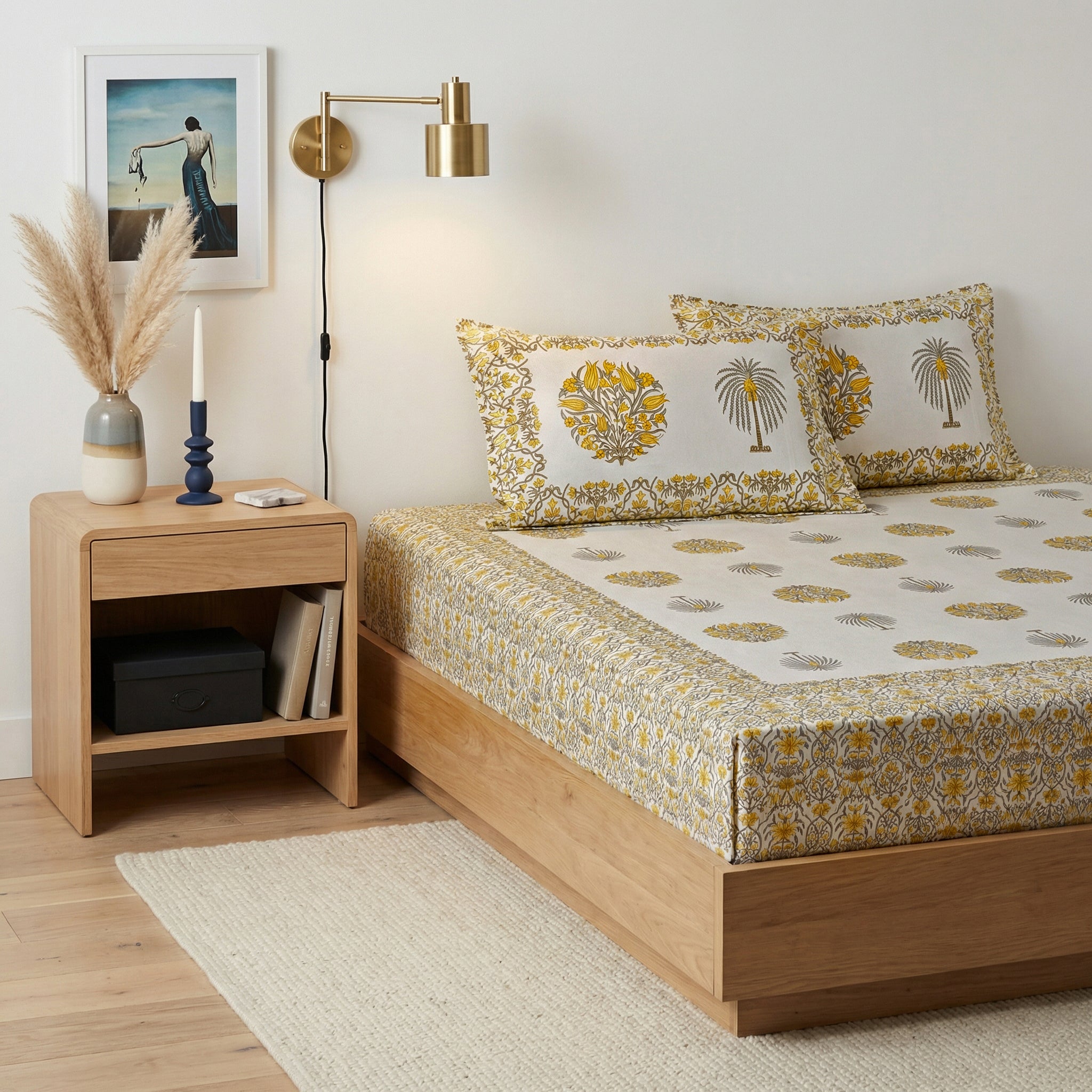 Yellow  Indigo & Petal Cotton Bedsheet Secondary image