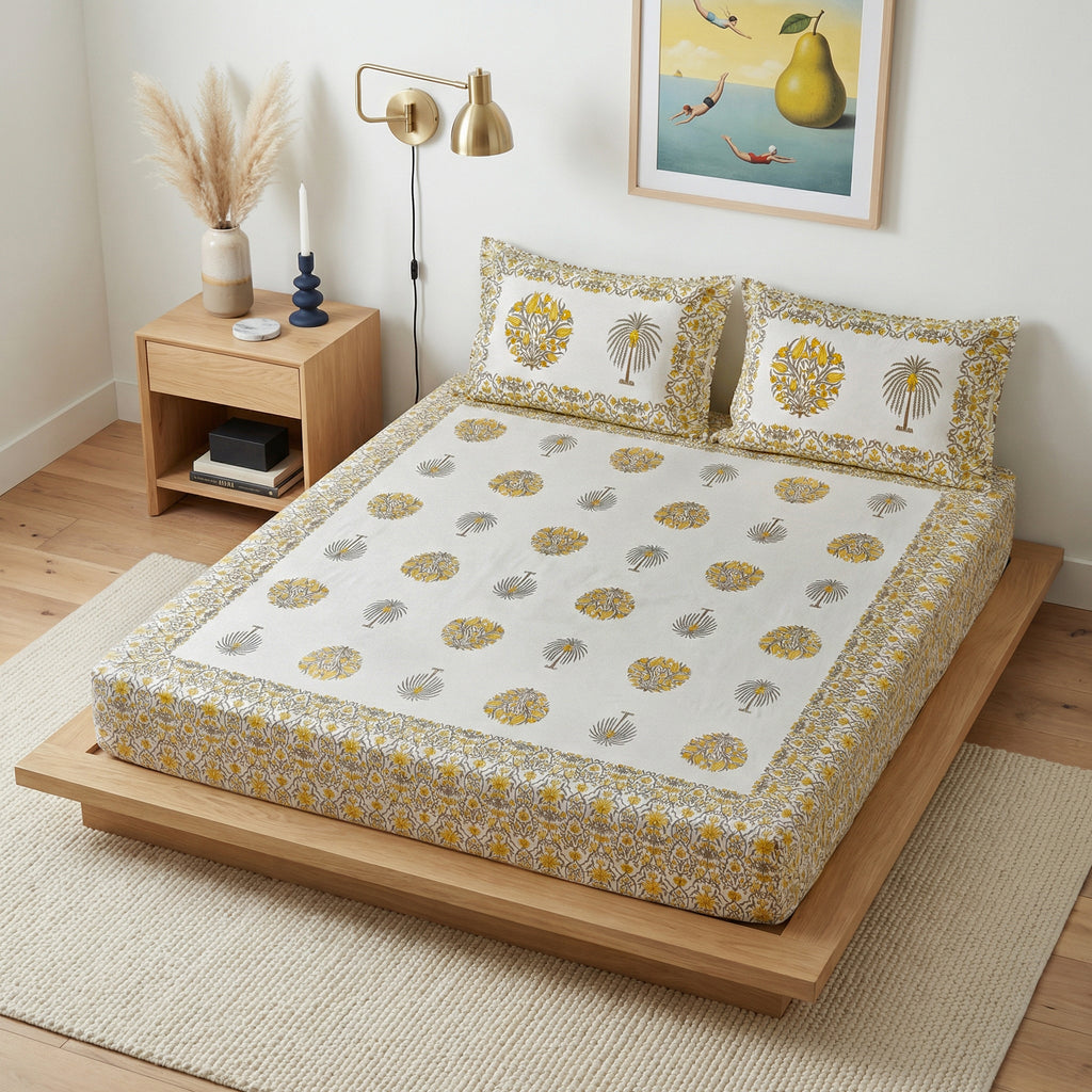 Yellow  Indigo & Petal Cotton Bedsheet