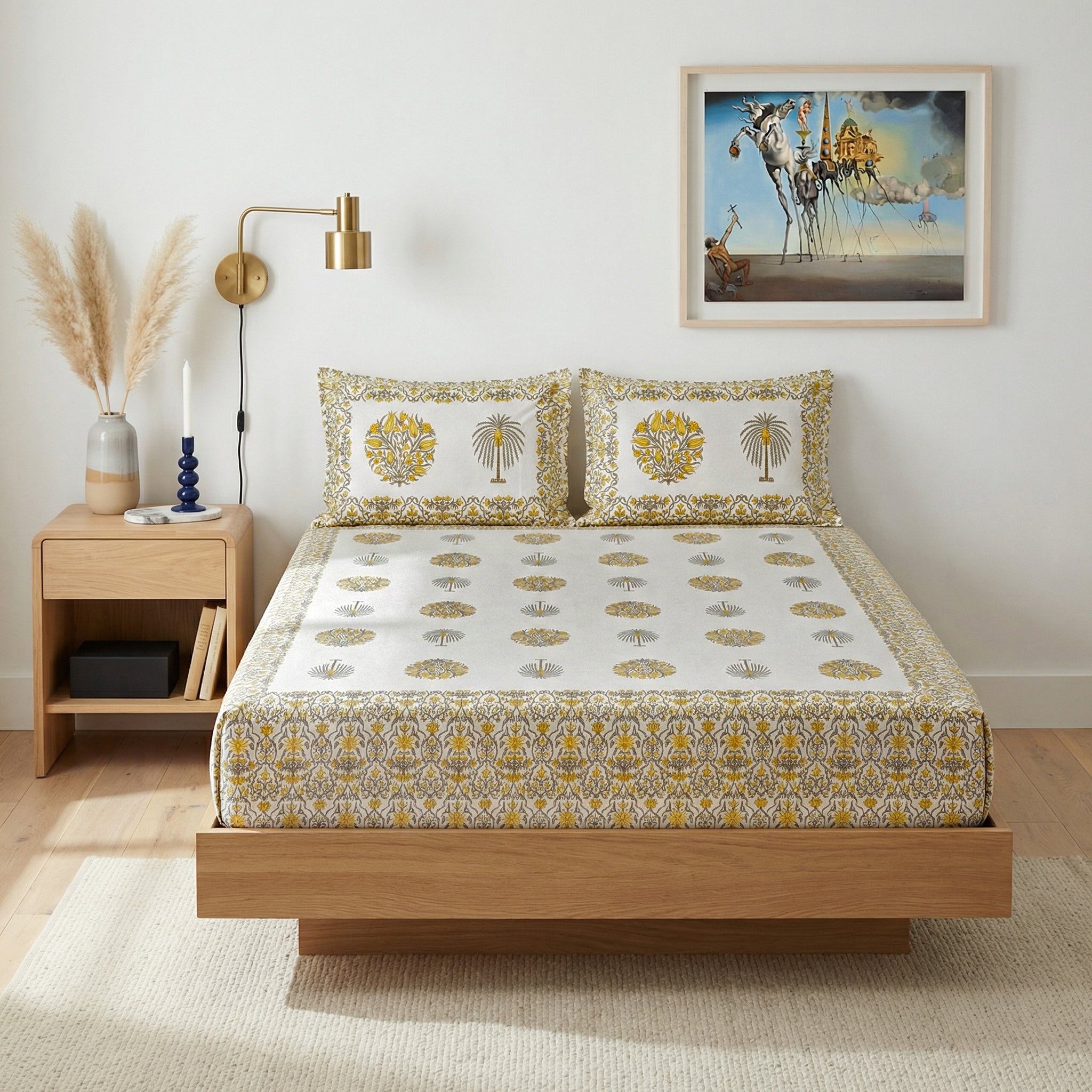 Yellow  Indigo & Petal Cotton Bedsheet