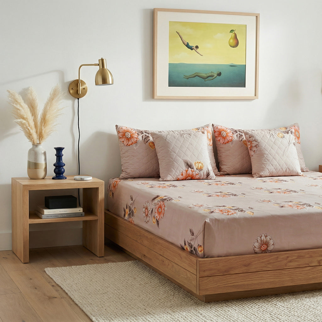Beige Floral 5 Piece Bedding Set