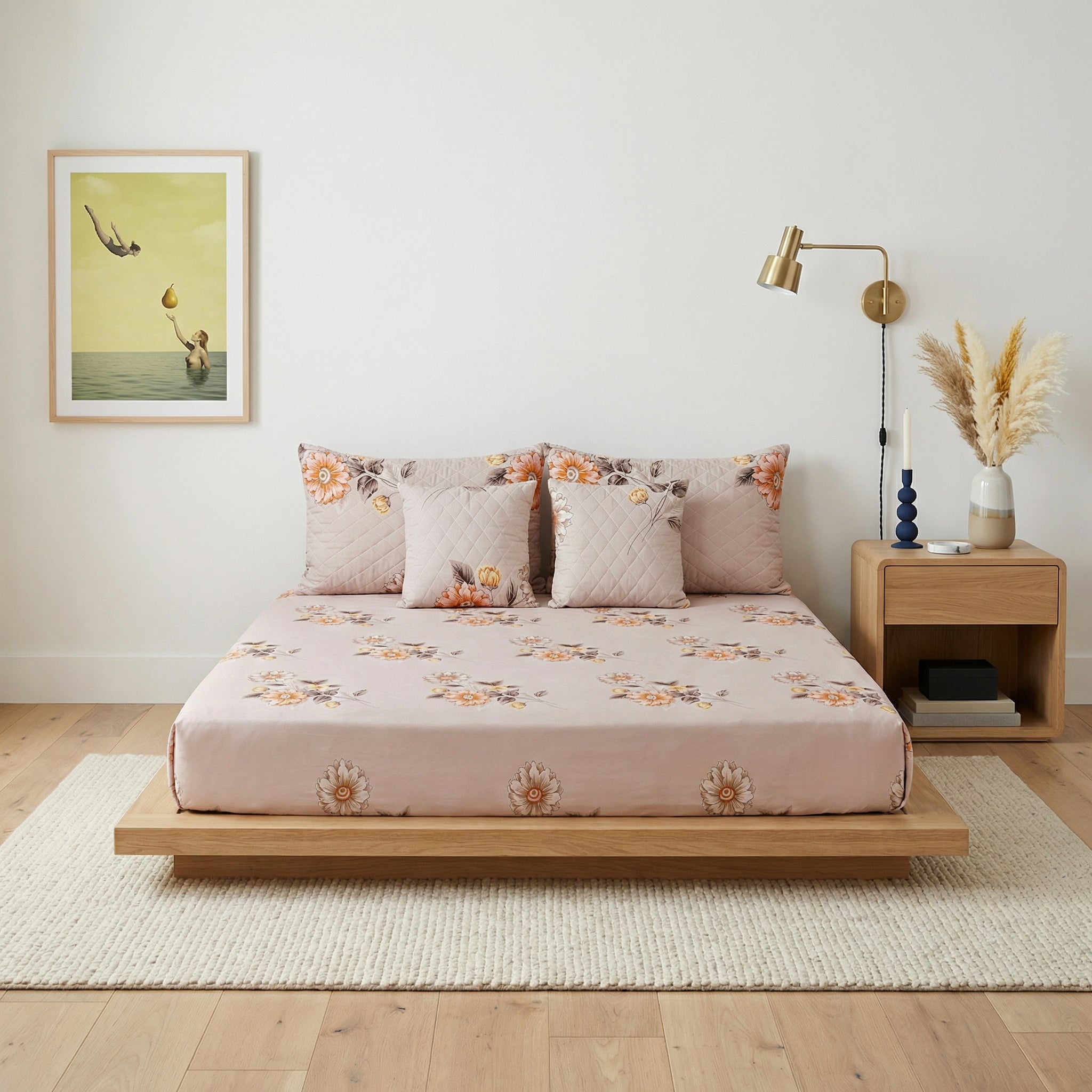 Beige Floral 5 Piece Bedding Set