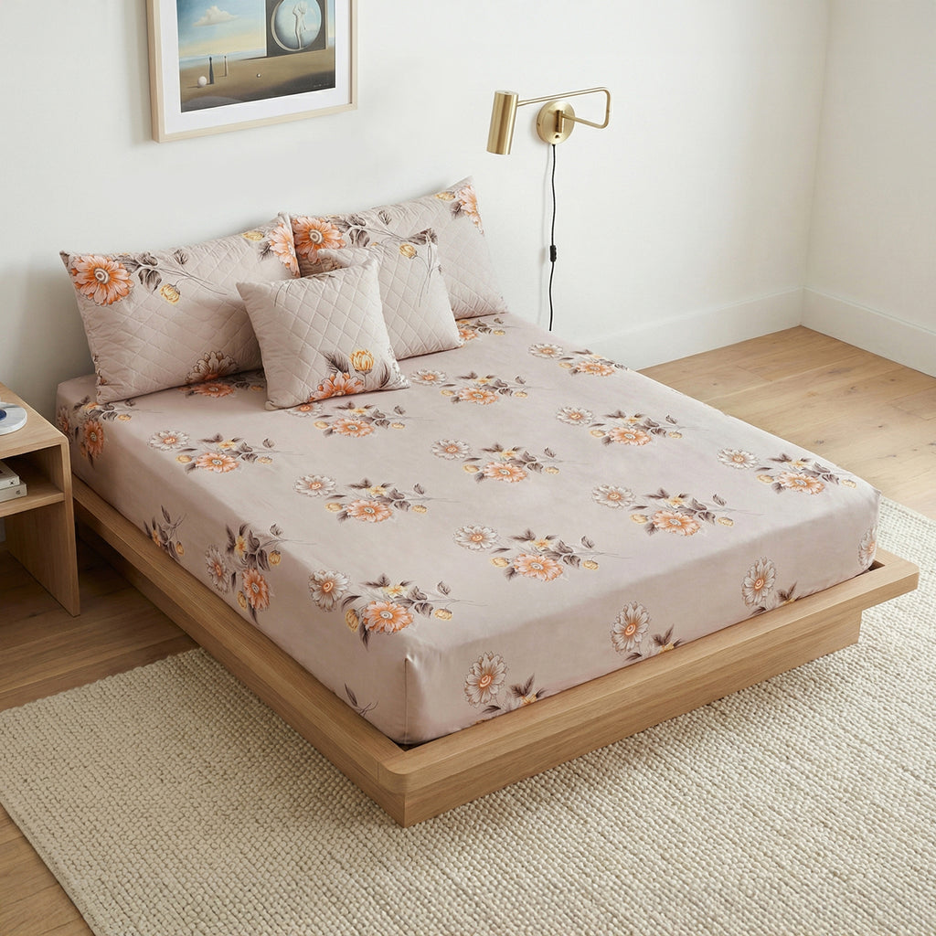 Beige Floral 5 Piece Bedding Set